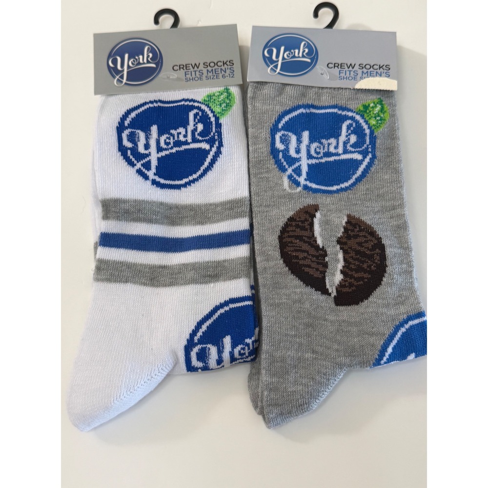York Peppermint Pattie Mens Crew Socks 2 Pair Set White Grey Hershey Candy Logo